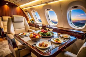 Luxurious private jet interior with a table set for a gourmet meal, featuring elegant plates of food, wine glasses, and comfortable leather seats.