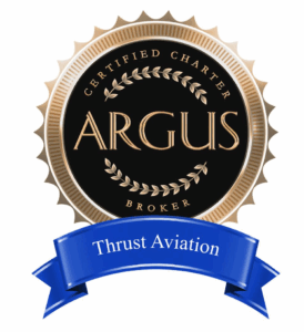 ARGUS Certified Charter Broker badge recognizing Thrust Aviation as one of only 14 certified brokers in the United States.