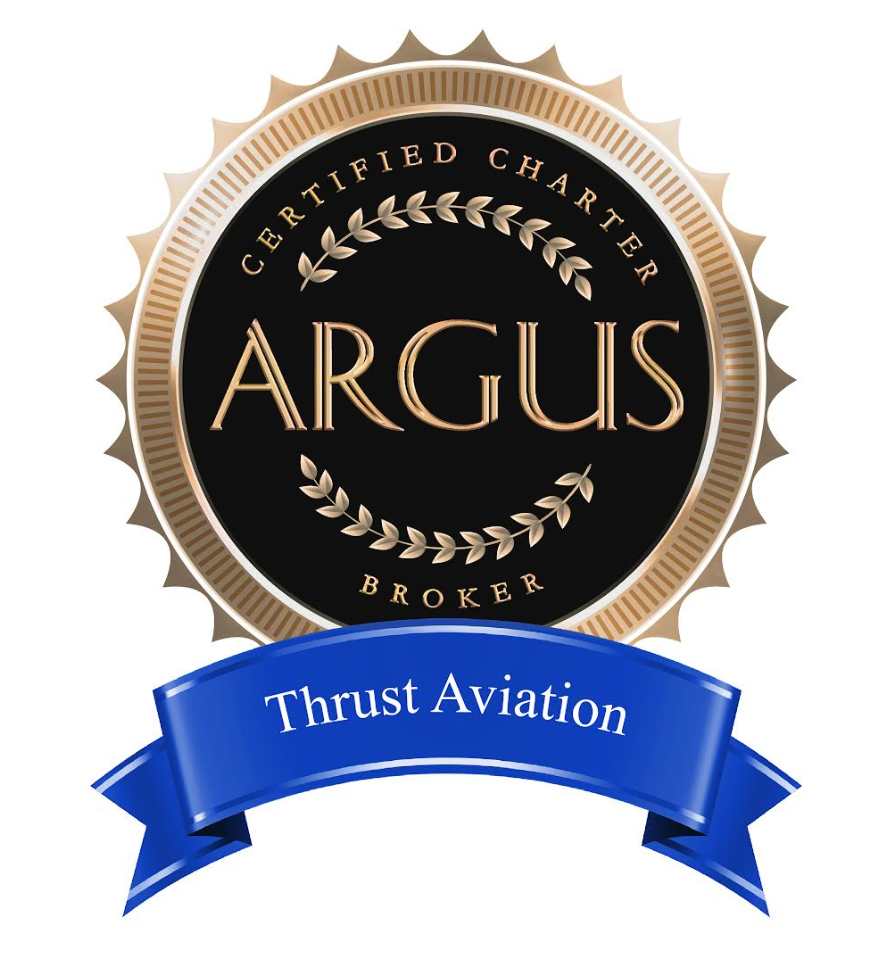 ARGUS Certified Charter Broker badge recognizing Thrust Aviation as one of only 14 certified brokers in the United States.