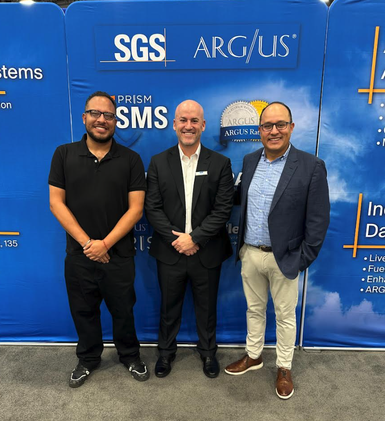 Mauricio Mejia, Vice President of Charter Sales at Thrust Aviation; Mike M., President of ARGUS International; and David Mejia, CEO of Thrust Aviation, at the the 2025 NBAA-BACE event in Las Vegas.